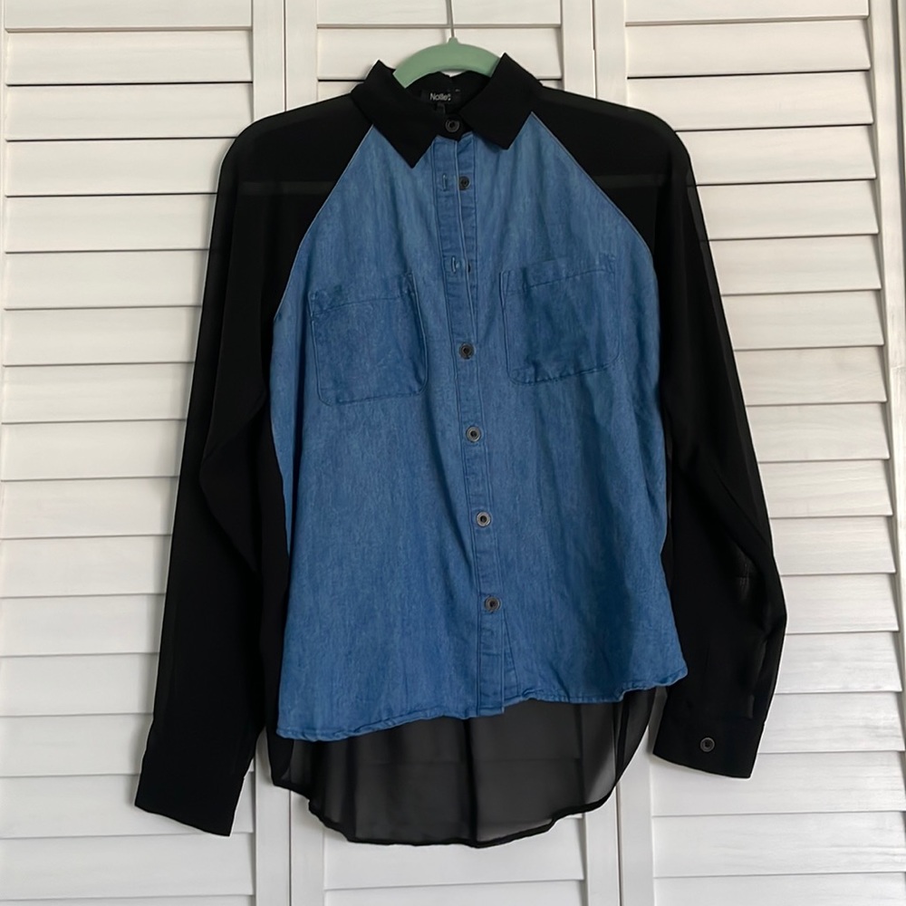 “ denim“ front and chiffon back button down shirt